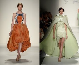 fashion week, runway models, orange dress, green dress, model
