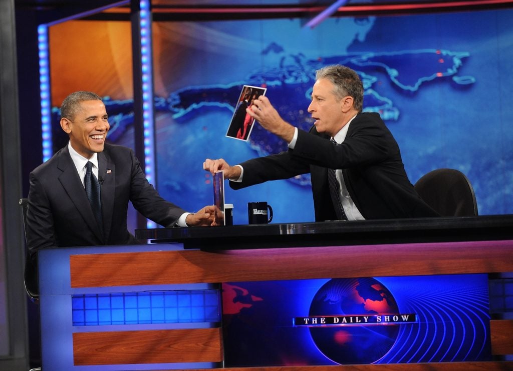 NEW YORK, NY - OCTOBER 18: U.S President Barack Obama(L) and Jon Stewart attend "The Daily Show" with Jon Stewart at Ensemble Studio Theatre on October 18, 2012 in New York City, New York (Photo by Brad Barket/PictureGroup)