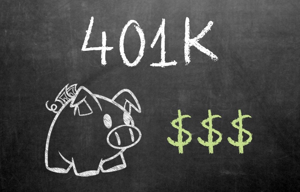 chalk drawing of piggy bank, three dollar signs, and 401k