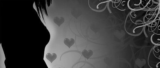 grayscale silhouette of a woman from neck to hips with floating hearts and curly designs in the background