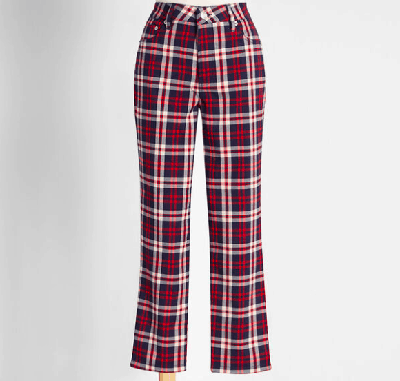 red, white, and blue plaid pants audrey hepburn style