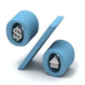 blue percent sign with a dollar sign and house in the circles