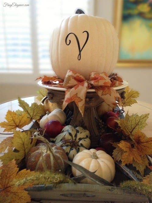 fall decorations with monogramed pumpkin