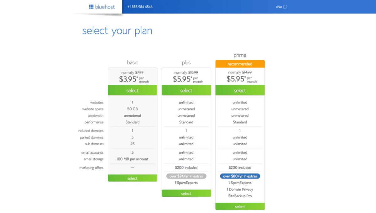 select your plan on BlueHost