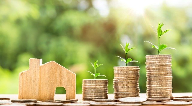 Coins and a wooden mini house shape