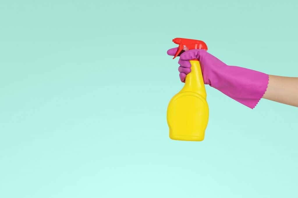 Cleaning home with yellow and red spray bottle and pink gloves. 