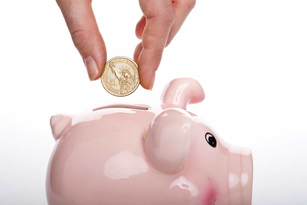 A hand putting a coin into a piggy bank