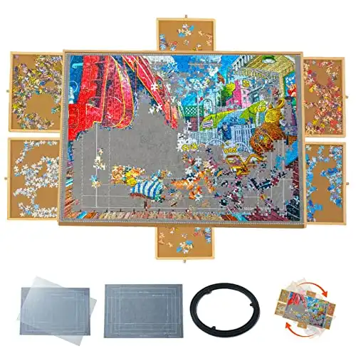 HAHA KID Puzzle Board 2000 Pieces with Cover，Rotating Wooden Jigsaw Puzzle Table, Extra Large Puzzle Board for Adults and Children，2000 Pieces Puzzle Board with 6 Drawers and Puzzle Mat(40'&a...