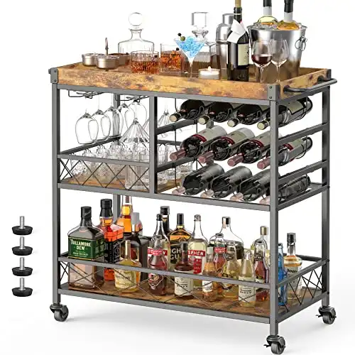 Gizoon 3 Tier 38" Home Bar Serving Cart with Large Storage Space, Mobile Kitchen Storage Trolley with Lockable Wheels, 12 Wine Rack, Glass Holder, Removable Tray (Retro)