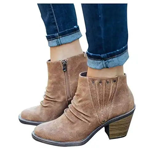 Ankle Boots for Women with Heel,Women’s Wedges Ankle Booties Retro V Cutout Comfy Short Boots Flock Leather Zip Closure Stacked Chunky Block Heels Shoes