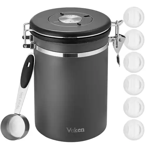 Veken Coffee Canister, Airtight Stainless Steel Kitchen Food Storage Container with Date Tracker and Scoop for Grounds Coffee, Beans, Tea, Flour, Cereal, Sugar, 22OZ, Gray