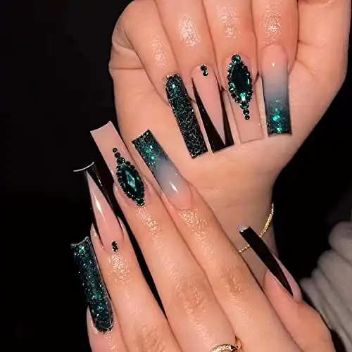 Long Press on Nails Coffin French Tip Fake Nails Deep-Sea Green Acrylic Press on Nails False Nails with Glitter Designs Rhinestones Stick on Nails Artificial Nails for Women