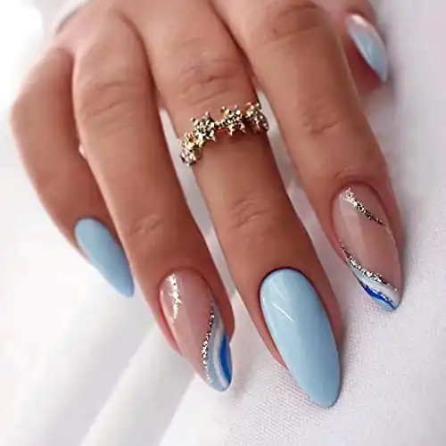 Blue Press on Nails Almond Shape Fake Nails French False Nails with Designs Blue White Silver Waves Acrylic Nails Medium Length Stick on Nails Full Cover Glossy Glue on Nails for Women Nail Decoration