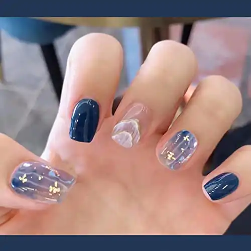 YOSOMK Short Press on Nails Navy Blue Square Fake Nails Full Cover Glossy Stick on Nails with Designs Acrylic False Nails for Women