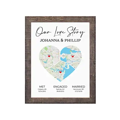 Our Love Story – 3 Puzzle Piece Heart Map Art – Madison Natural Frame – Where we met map – 15.75″ x 12.75″