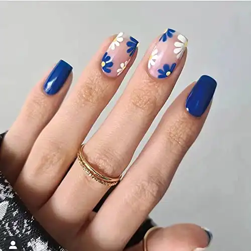 Flower Press on Nails Short Blue Fake Nails French Nail Tip Blue Glossy Nude Design Stick on Nails Natural Full Cover Coffin Adhesive Thanksgiving Fall Nails for Women and Girls Home DIY 24 Pcs
