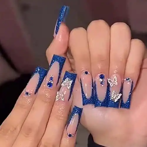 YoYoee Long Coffin False Nails Blue Butterfly Press on Nails French Fake Nails Acrylic Ballerina Nails Tips for Women and Girls 24PCS