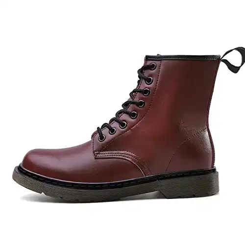 Eltostaus Women’s Fashion Leather Smooth Retro Punk Lace-Up Calf Boots (Claret, adult, women, numeric_10, numeric, us_footwear_size_system, wide)