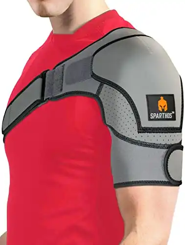 Sparthos Shoulder Brace - Support and Compression Sleeve for Torn Rotator Cuff, AC Joint Pain Relief - Arm Immobilizer Wrap, Ice Pack Pocket, Stability Strap, Dislocated Sholder - Men and Women - XXL
