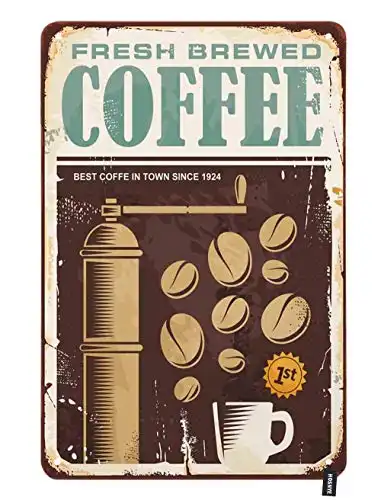HOSNYE Fresh Brewed Coffee Tin Sign Vintage Coffee Bean and Cup Vintage Metal Tin Signs for Men Women Wall Art Decor for Home Bars Clubs Cafes 8×12 Inch