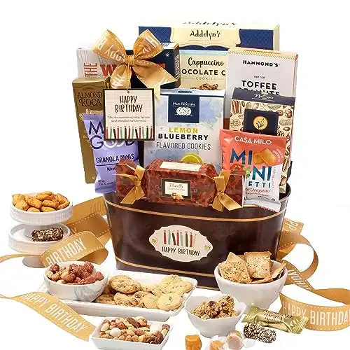 Broadway Basketeers Happy Birthday Gift Basket with Chocolates & Sweets Send Happy Birthday Wishes With This Beautiful Display Basket Enjoy a Large Assortment of Sweets & Savory Treats, Perfec...