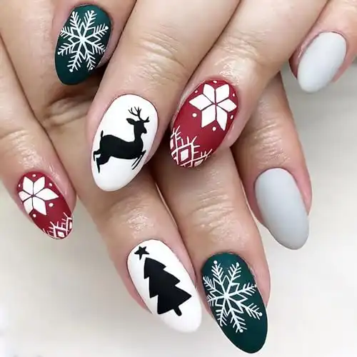 Christmas Press on Nails Oval Medium Fake Nails White Red and Green False Nails With Snowflake Reindeer Xmas Tree Designs Full Cover Stick on Nails Acrylic Winter Artificial Nails for Women 24Pcs