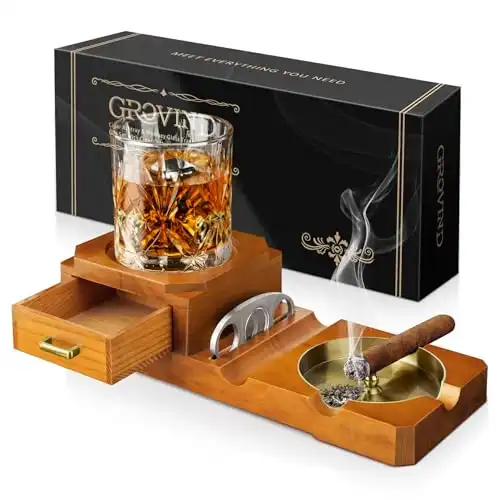 Grovind Cigar Ashtray Gift Set with Cigar Cutter, Whiskey Glass Tray and Wooden Ash Tray Outdoor Ashtray for Cigarettes, Cigar Accessories Great Decor for Home Office Cigar Gifts for Men
