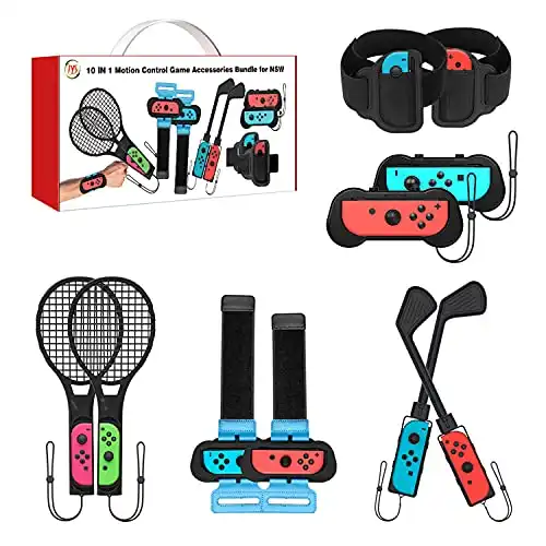 Uxilep for Nintendo Switch Accessories,10 in 1 Switch Sports Accessories Bundle,Family Accessories Kit for Nintendo Switch Sports Games 2023:for Mario Golf,Wrist Bands,Leg Straps,Tennis Rackets