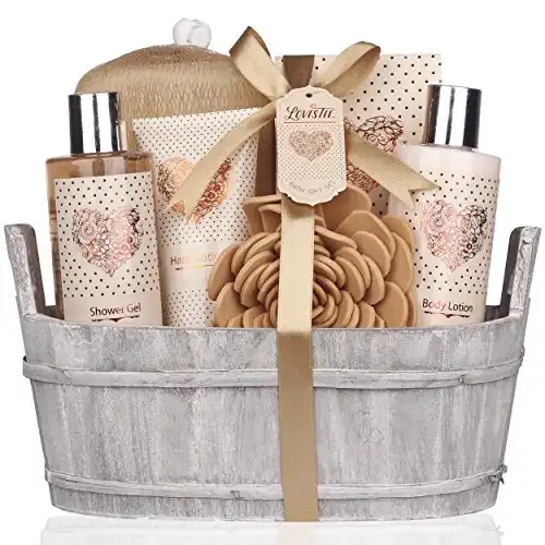 Spa Gift Basket – Bath and Body Set with Vanilla Fragrance by Lovestee - Gift Basket Includes Shower Gel, Body Lotion, Hand Lotion, Bath Salt, Eva Sponge and a Bath Puff