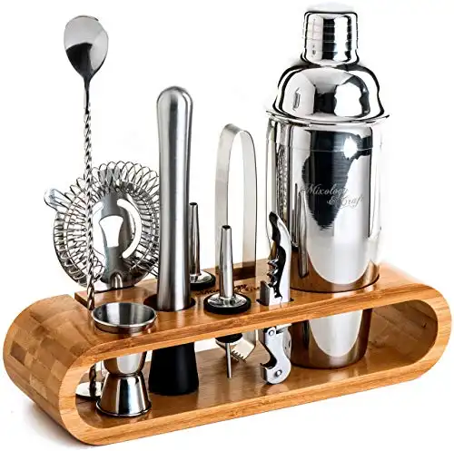 Mixology Bartender Kit: 10-Piece Bar Tool Set with Bamboo Stand | Perfect Home Bartending Kit and Martini Cocktail Shaker Set for a Perfect Drink Mixing Experience | Fun Housewarming Gift (Silver)