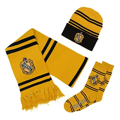 Culture Fly Harry Potter Hufflepuff Premium Knit Scarf Beanie Socks 3pc Winter Bundle Gift Set