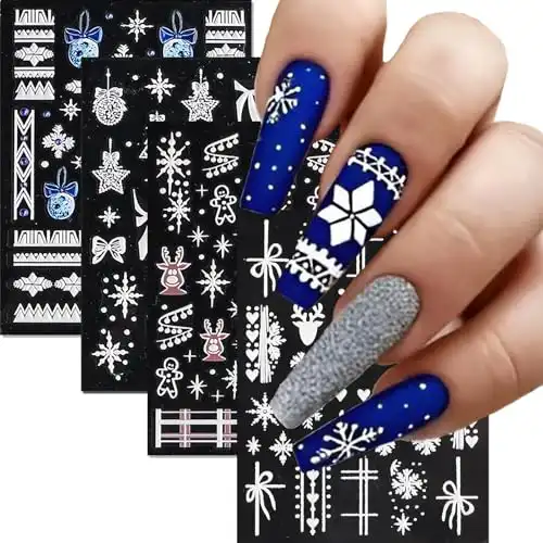 4 Sheets Christmas Nail Art Stickers 5D Winter White Xmas Snowflakes Embossed Self-Adhesive Design Gingerbread Man Elk Manicure Sliders Decals DIY Holiday Manicure Decorations for Women Girls