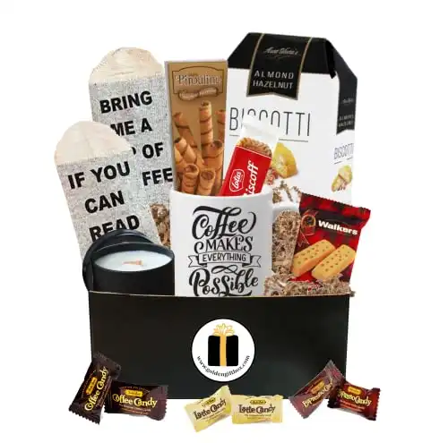 Coffee Basket - Bistro Coffee Mug, Socks, Gourmet Coffee Snacks - Coffee Gift Baskets - Coffee Gifts For Coffee Lovers - Perfect For Him, Her, Women, Men!