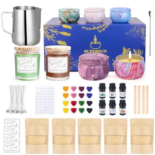 SUPERSUN Scented Candle Making Kit for Adults Kids, Arts & Crafts Kit for DIY Starter, Candle Making Supplies Including Beeswax, Candle Tins Jars and More, Birthday Christmas Holiday Gifts