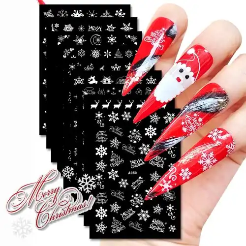 Christmas Nail Stickers, 9 Sheets White Self-Adhesive Snowflake Elk Tree Merry Christmas Nail Designs for Nail Decals 3D Cute Nail Art Stickers Woman Girl DIY Nail Decoration Accessories