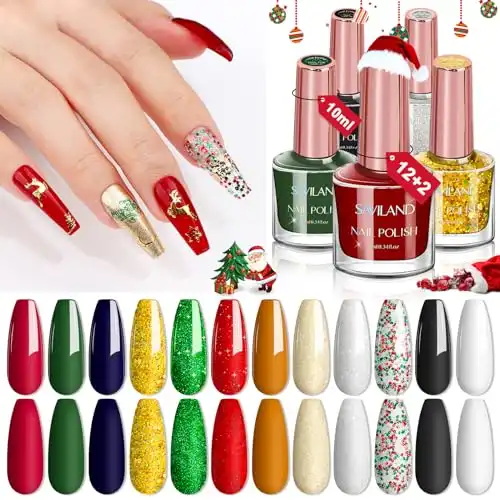 SAVILAND 12 Color Christmas Nail Polish Set: Quick Dry Red Green Glitter Nail Polish Non Gel with Base & Top Polish 5-10s Removal 0.34oz Nail Laquer for Beginner Manicure Salon Home Gift