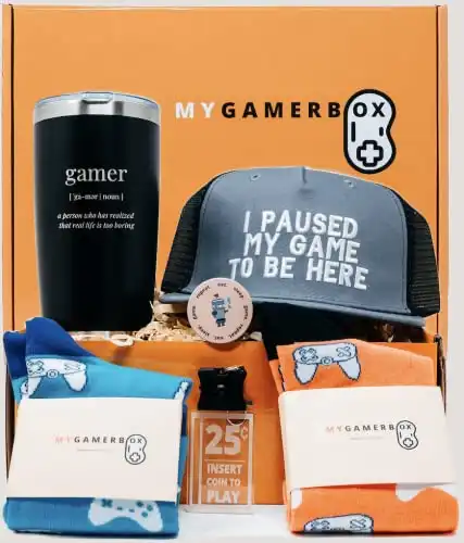 My Gamer Gifts Box - Containing Insulated Tumbler, Gaming Hat, Socks, Cool Pop Socket and Keychain. A Complete Gift Set for Gamer Teen Boys, Girls and Friends. Presents For Gamers Men and Women.