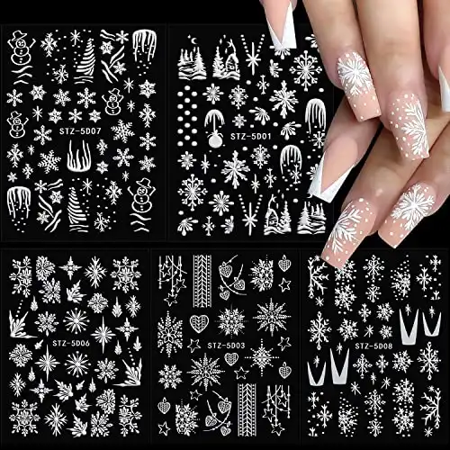 Noverlife 5 Sheets 5D Stereoscopic Embossed Christmas Nail Art Stickers, Xmas White Snowflakes Self-Adhesive Nail Art Decals, Romantic Winter Nail Accessories for DIY Salon Manicure Decoration