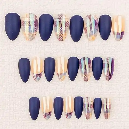 Chrome Press on Nails Medium Almond False Nails with Lattice Designs Navy Blue Fake Nails,Nature Full Cover Matte Acrylic Glue on Nails French Tip Stick on Nails for Women.24Pcs