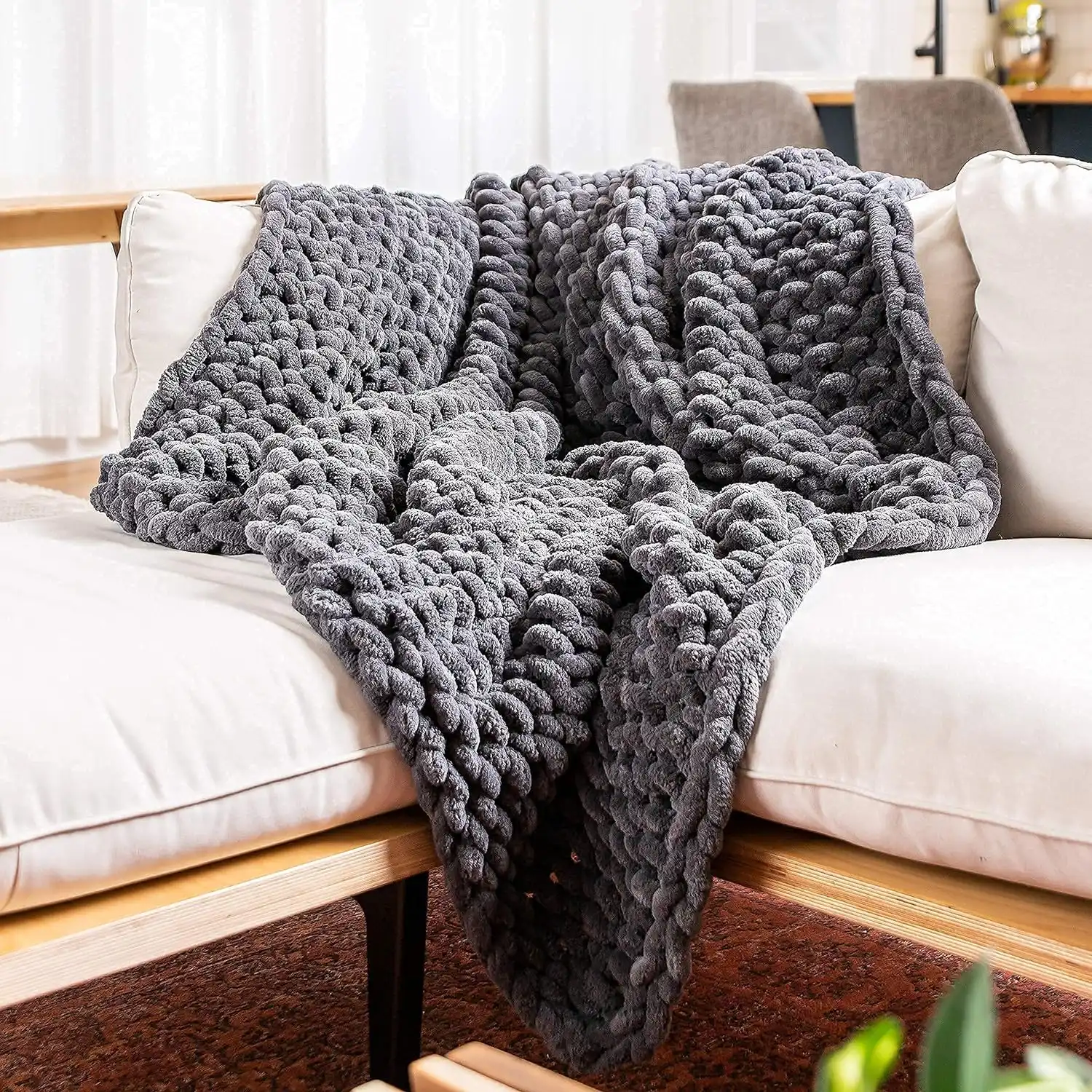 SAMIAH LUXE Grey Chunky Knit Blanket Throw 50x60; Knitted Throw Blankets for Boho Decor,Large Knit Blanket Chunky Yarn;Thick Knitted Chunky Blanket;Thick Cable Knit Throw for Couch, King/Queen Bed