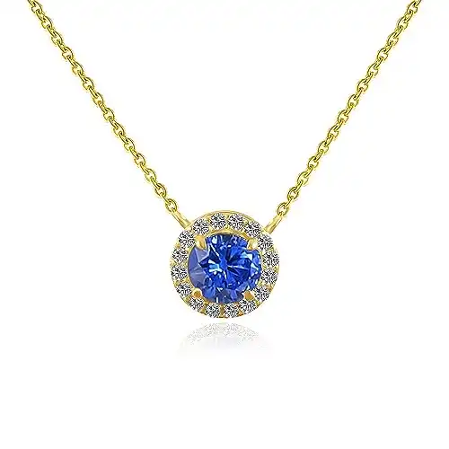 SUTTONRAL 14K Gold Round Charm Blue Sapphire Necklace for Women, Celebrate September Birthday Jewelry (Yellow Gold)