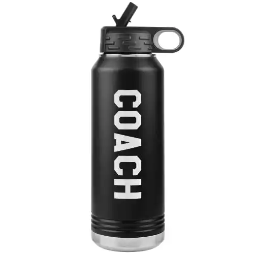 JFWcreations Coach Water Bottle - Coach Gift - 32oz Insulated Engraved Stainless Steel Flip Top with Straw Black