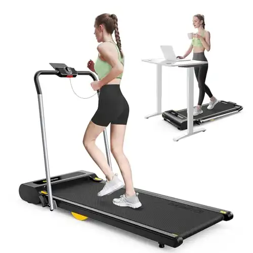 UREVO 2 in 1 Folding Treadmill, 0.6-7.6 Mph Under Desk Treadmill Including 3 HIIT Modes, Walking Pad with Smart Rotary Console, 2.5 HP Treadmills for Home Office