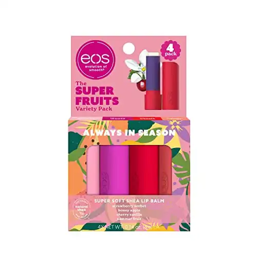 eos Super Soft Shea Lip Balm Sticks, Super Fruits Variety Pack, Strawberry Sorbet, Honey Apple, Cherry Vanilla, Summer Fruit, 4 Pack
