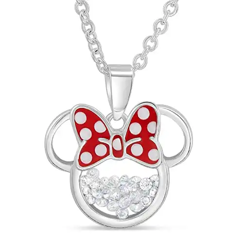 Disney Birthstone Women Jewelry Minnie Mouse Silver Plated April Clear Cubic Zirconia Shaker Pendant Necklace, 18+2″ Extender