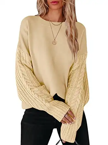 ANRABESS Womens Sweaters Long Sleeve Crewneck Cable Knit Contrast Pullover Oversized Casual Chunky Comfy Warm Jumper 2023 Fall Trendy Tops Outfits Fashion Clothing 565xingse-S Apricot