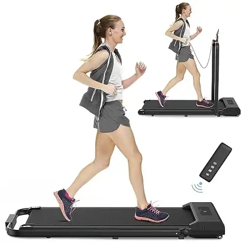 Dskeuzeew Under Desk Treadmill 2 in 1 Folding Treadmill, Foldable Walking Running Pad with Handle&Phone Holder, Powerful & Quiet Walking Jogging Running Machine for Home Office (Black-Handle)