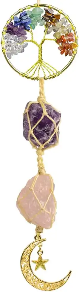 LERSUSI Tree of Life Chakra Stones Meditation Hanging Ornaments Car Rear View Mirrors Decor Healing Crystal Accessories for Home Decor （Rose Quartz + Amethyst）