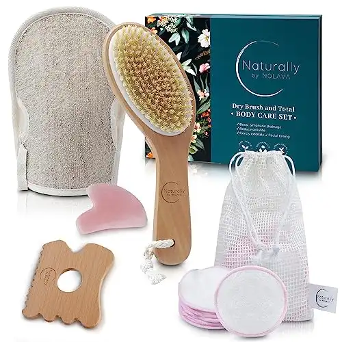 Nolava Designs Dry Body Brush & Gua Sha Set - Exfoliating Body Scrubber, Back and Face Brush for Skincare - Lymphatic Drainage, Cellulite Massager and Wood Therapy Tools for Beauty Massage