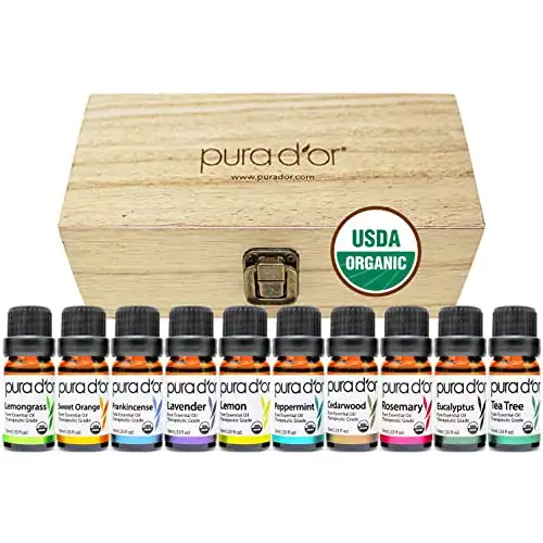 PURA D’OR Organic Essential Oils Set of 10 10ml Perfect10 Wood Box Gift Set, Pure Therapeutic Grade Aromatherapy, Fragrance Home Diffuser (Lavender, Tea Tree, Eucalyptus, Lemon, Cedarwood, Lemon...